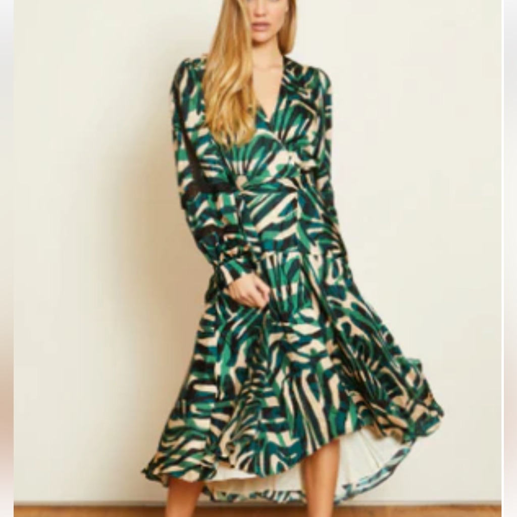 Nwt Caballero Cher Maxi Dress Rhythmic Zebra Print Size S Wrap Green Long Sleeve